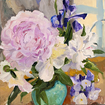 Still life painting of peonies and violets 
