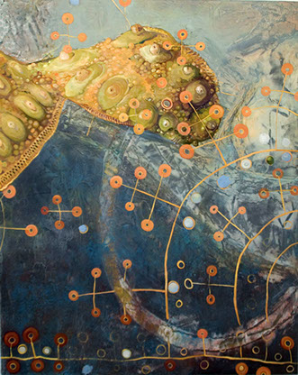 Elements borrowed from a Galapagos urchin and Pakistani textile float together on a field of textured graphite