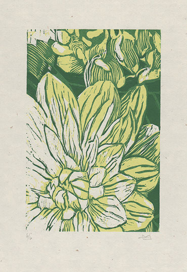 2-color woodcut image of dahlias by Ahni Kruger