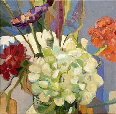 still life painting of iris, siberian iris, lilac and mallow