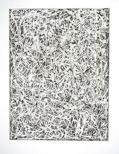 Etching by Ahni Kruger exploring automatic drawing and open bite