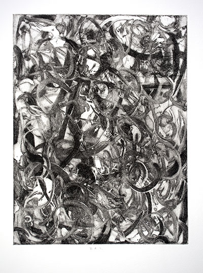 Etching by Ahni Kruger exploring automatic drawing, aquatint and open bite