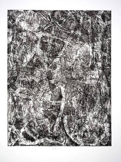 Etching by Ahni Kruger exploring automatic drawing, aquatint and open bite