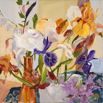 still life painting of iris, siberian iris, lilac and mallow