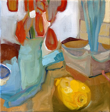 still life of tulips and lemon