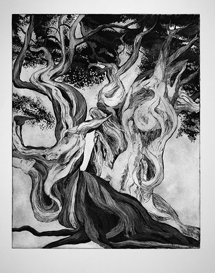 Etching by Ahni Kruger of a tree next to our campsite in the Sierras